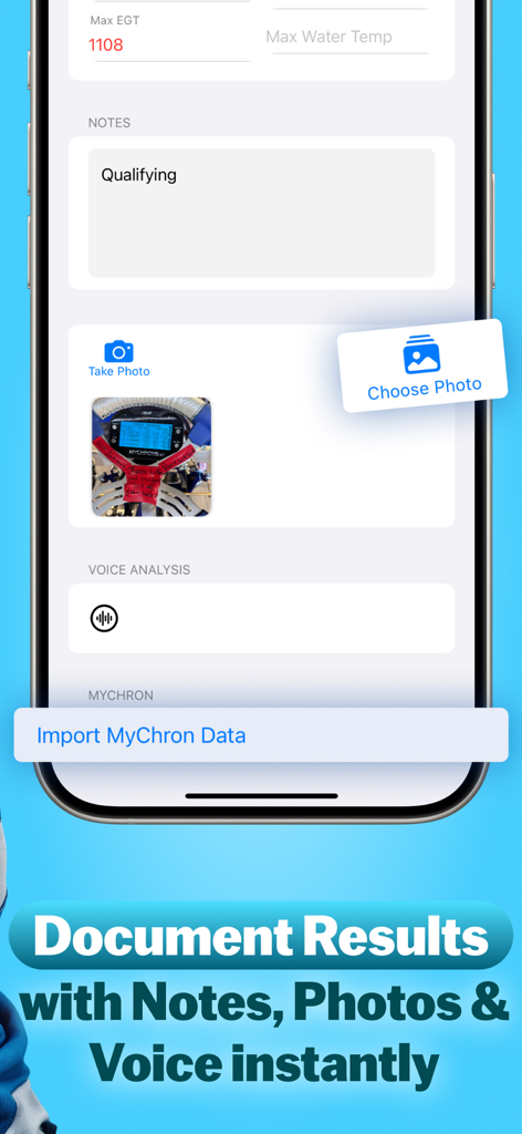 KartTrackerAI - KartTrackerAI의 모바일 앱 인터페이스: 예선 노트 기록, MyChron 대시보드 사진 업로드, 음성 분석을 이용한 레이스 결과 기능 표시