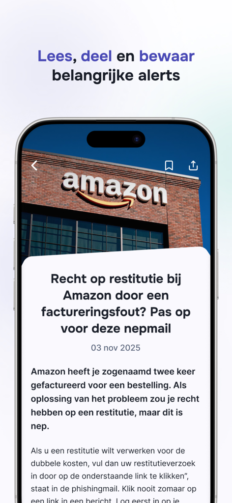 Tela do aplicativo móvel exibindo um aviso sobre um e-mail de cobrança fraudulento da Amazon