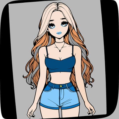 a realistic girl with long hair and in a crop top and shprts