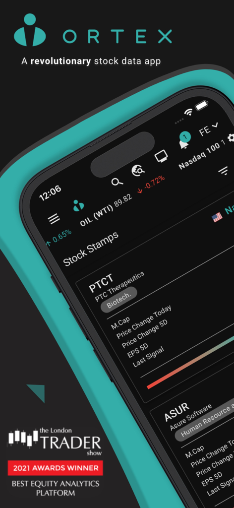 Interfaz de la aplicación ORTEX de análisis del mercado de acciones que muestra datos de acciones y premios de trading