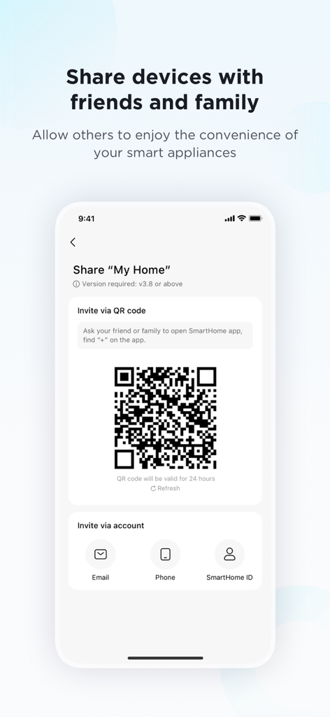 SmartHome app interface showing a QR code and options to invite friends and family to share smart appliance control.