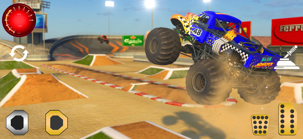 Monster Truck 4x4 Mania Racing - Un monster truck azul realizando un salto alto sobre rampas en una arena de pista de tierra