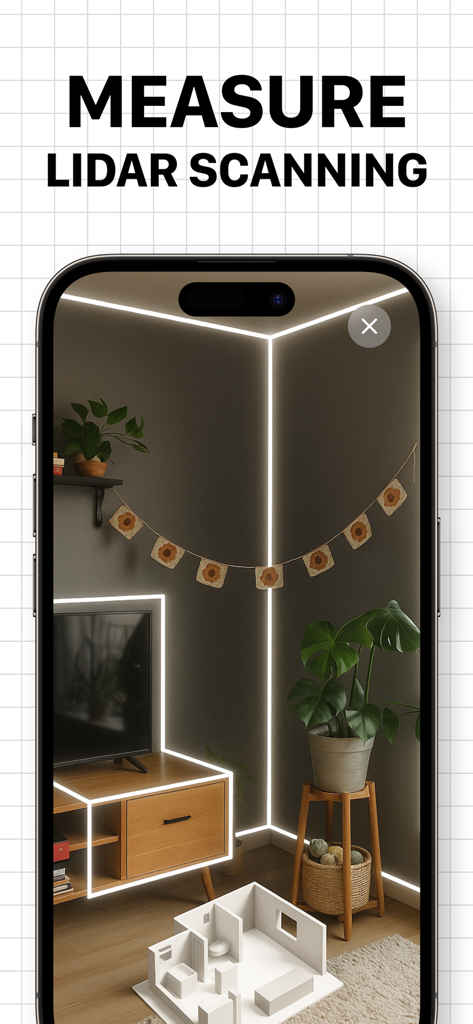 Floor Plan & AI Home - CamPlan - iPhone mostrando la aplicación CamPlan utilizando tecnología de escaneo LiDAR para medir una habitación con contornos de RV