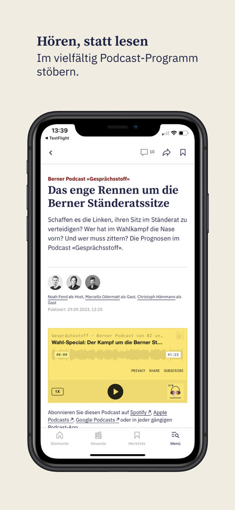 BZ Berner Oberländer - The BZ Berner Oberlaender app displaying a podcast article about Swiss politics with an integrated audio player