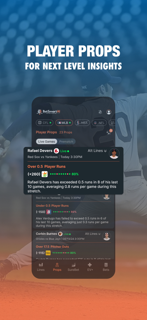 AI Sports Betting : BetSmartAI - Interfaz de la aplicación móvil BetSmartAI que muestra props de jugadores detallados impulsados por IA e información estadística para un juego de la MLB.