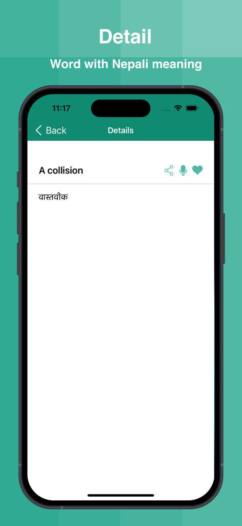 Nepali Dictionary Offline - Nepali Dictionary Offline app interface displaying the English to Nepali translation for the phrase a collision