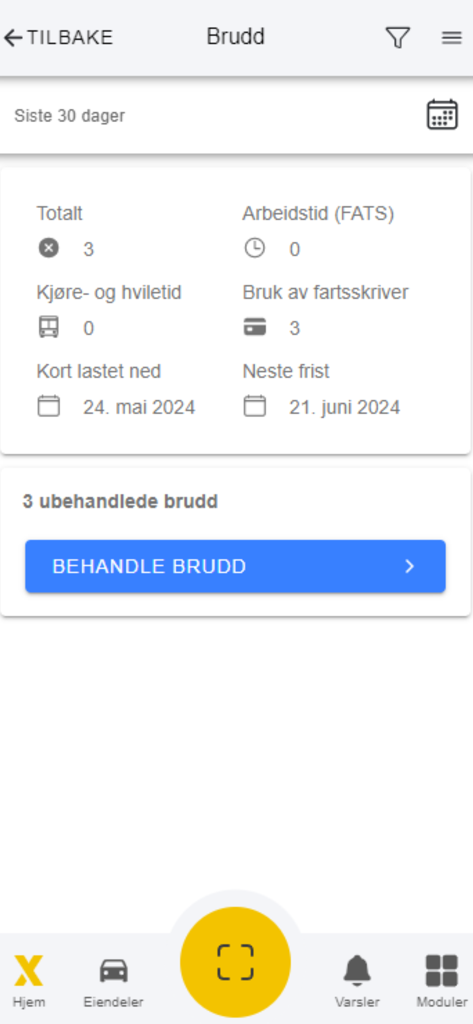 Linx - Dashboard view of the Linx mobile app showing driver work hours and equipment compliance alerts.
