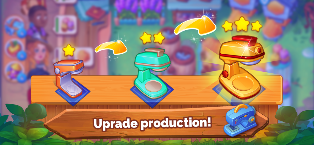 Farming Fever - Cooking game - Una guía visual que muestra los niveles de mejora de tres estrellas para una batidora de cocina en Farming Fever.