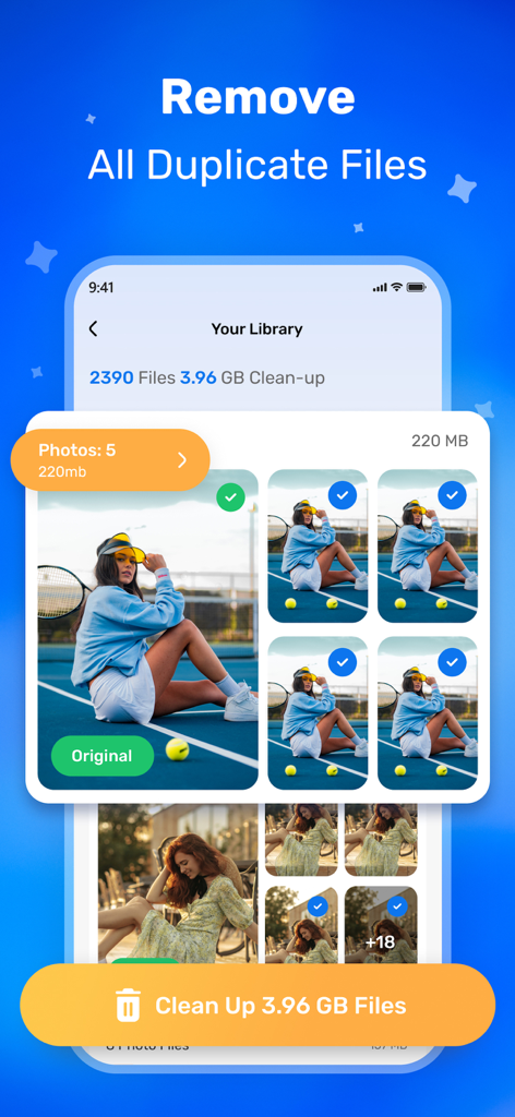 Cleaner - Phone Cleaner - Interface showing the removal of duplicate photos to free up storage space