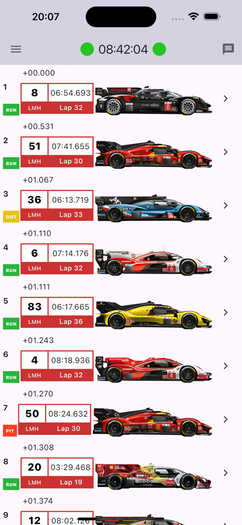 Classifica live timing che mostra numeri auto, tempi sul giro e livree nell'app 24 Ore di Le Mans