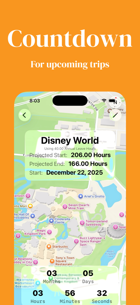 My Time Off Tracker 2 - Countdown screen for a Disney World trip showing leave projections and a live vacation timer