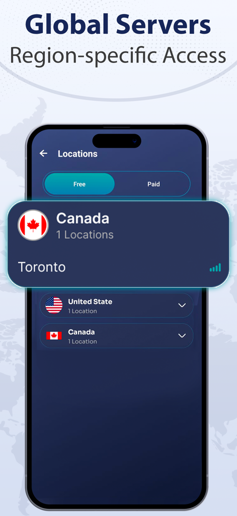 GoVPN: Fast & Secure VPN Proxy - GoVPN app screenshot showing global server locations with a focus on Toronto Canada