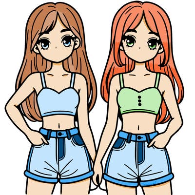 two sisters with crop tops and jean shorts and straight hair