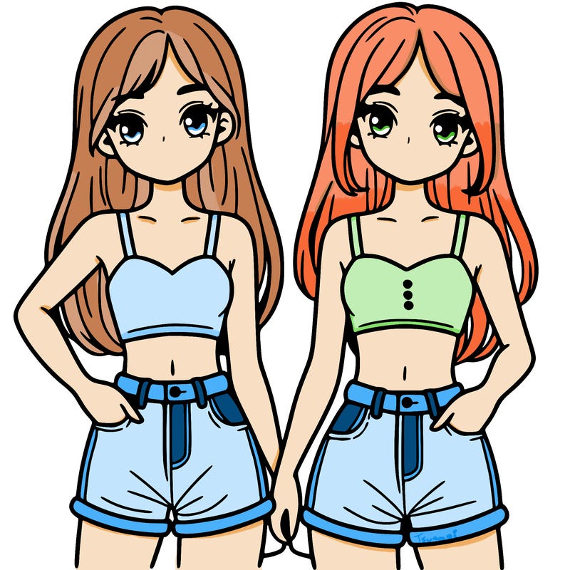 two sisters with crop tops and jean shorts and straight hair