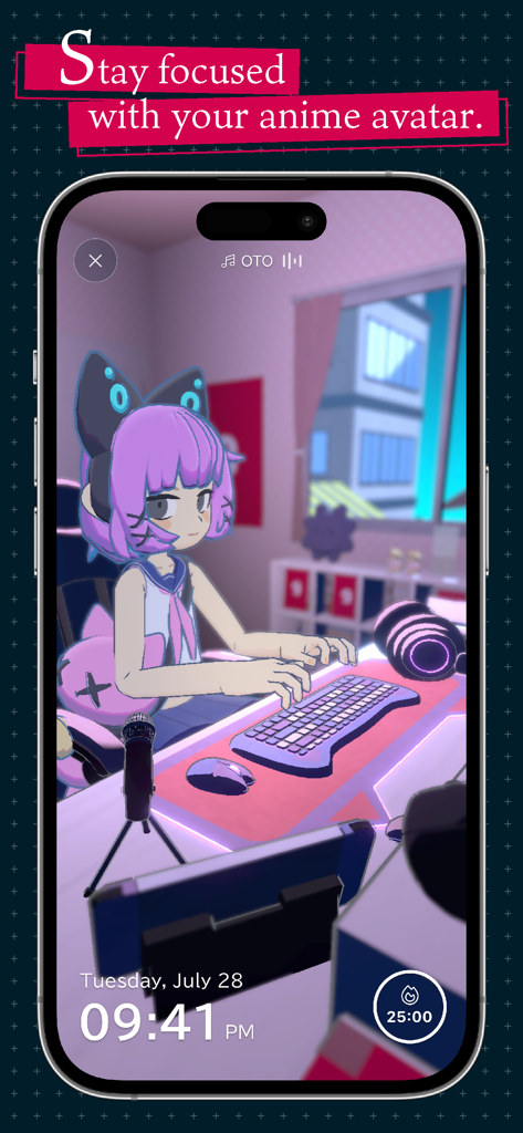 Um avatar de anime focado em uma mesa em um quarto 3D aconchegante com um timer Pomodoro