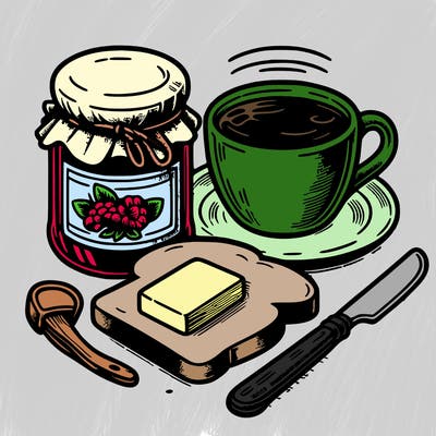 a jar of jam and a piece of bread with butter and a knife. a cup of tea