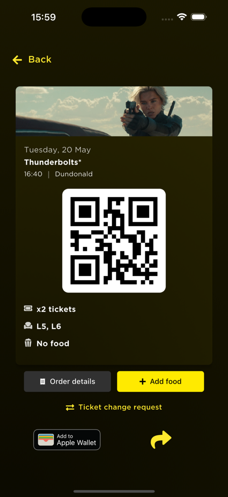 Digital movie ticket for Thunderbolts in the Omniplex Cinemas app with a QR code and seat details