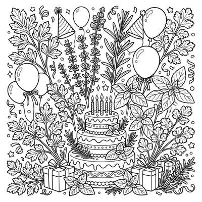 Immerse yourself in a one-of-a-kind celebration with this intricate coloring page, beautifully blending the freshness of diverse herbs with joyful birthday festivities. Discover delightful details like a grand cake, festive balloons, and aromatic foliage, all awaiting your creative touch.