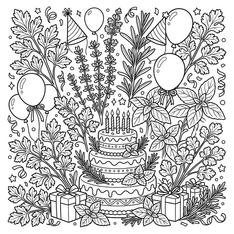 Immerse yourself in a one-of-a-kind celebration with this intricate coloring page, beautifully blending the freshness of diverse herbs with joyful birthday festivities. Discover delightful details like a grand cake, festive balloons, and aromatic foliage, all awaiting your creative touch.