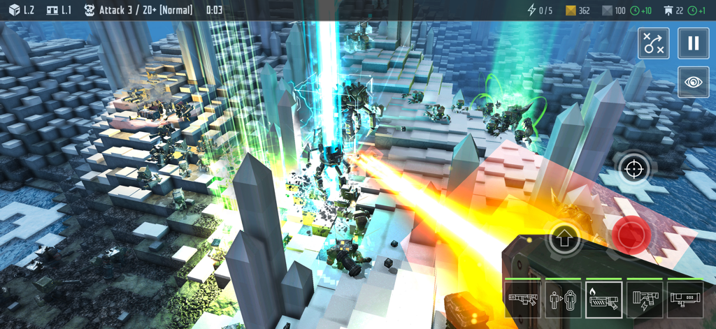 Block Fortress 2 - A first-person view in Block Fortress 2 showing a player firing a large yellow energy beam from a high-tech weapon at robotic enemies in a voxel-based crystalline environment.