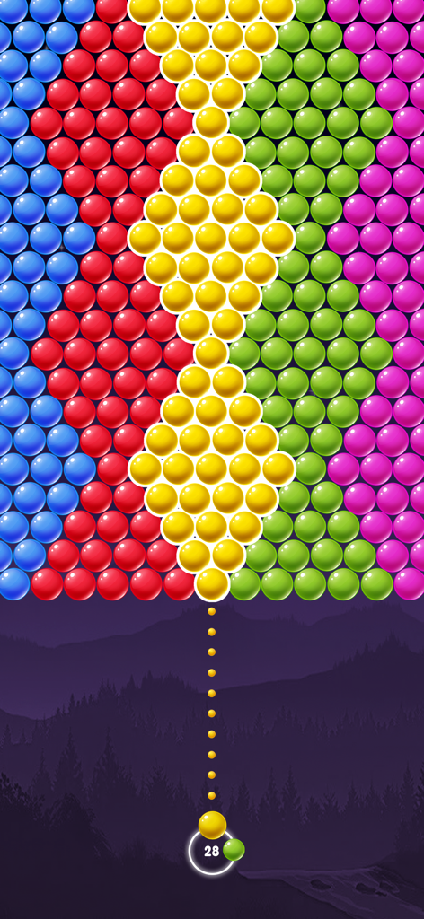 Bubble Pop Shooter Puzzle Game - A yellow bubble aimed at colorful bubbles in Bubble Pop Shooter Puzzle Game.