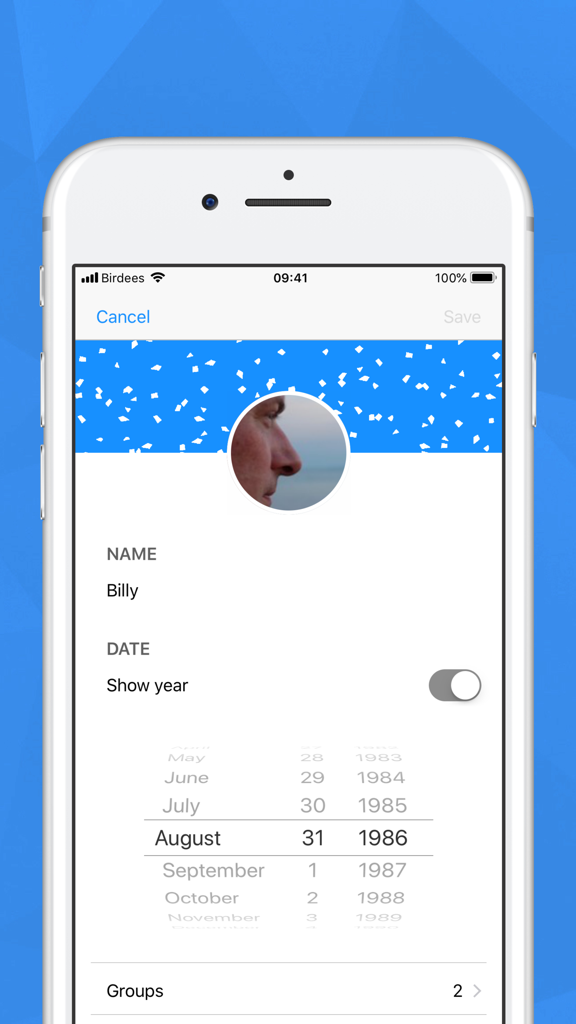 Birdees - Birthday Reminder - User interface of Birdees app to add a new birthday with name and date picker