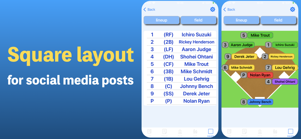 Baseball Lineup app interface showing square layout options for social media posts with batting order and field positions