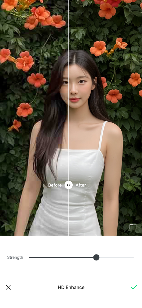 LINE CameraアプリでポートレートにHDエンハンスビューティーフィルターを適用した、適用前と適用後の比較画像