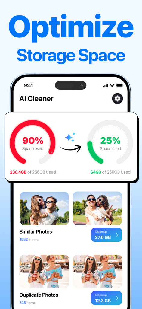 AI Cleaner app interface showing storage optimization from 90 percent to 25 percent and photo cleanup options