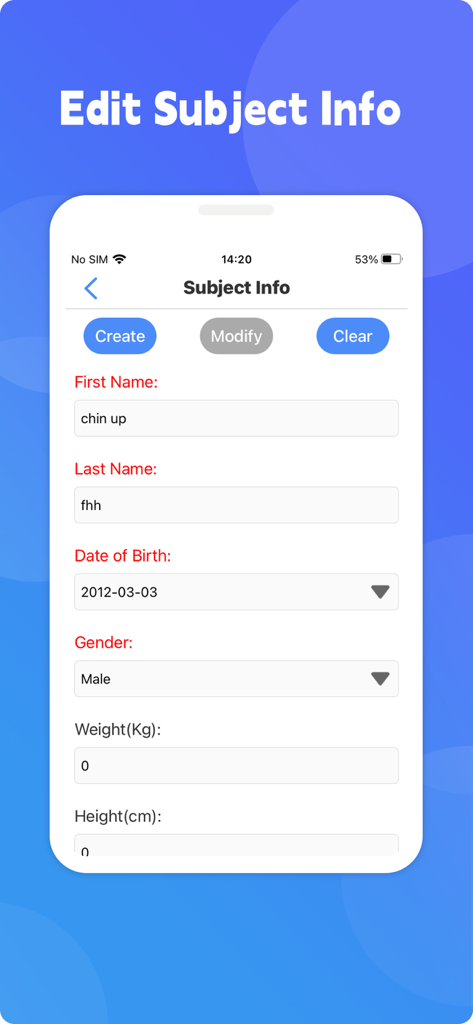 Sleep Watch - La pantalla Editar información del sujeto en la aplicación Sleep Watch que muestra un formulario de perfil para datos de salud del paciente, incluyendo nombre, género y métricas corporales