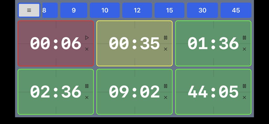 Kitchen-Timer Pro - A landscape view of the Kitchen-Timer Pro app with six simultaneous timers and preset menu buttons.