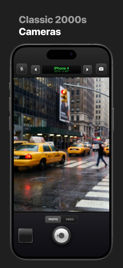 Screenshot of the 2000s app showing the iPhone 4 vintage camera filter on a city street with yellow taxis