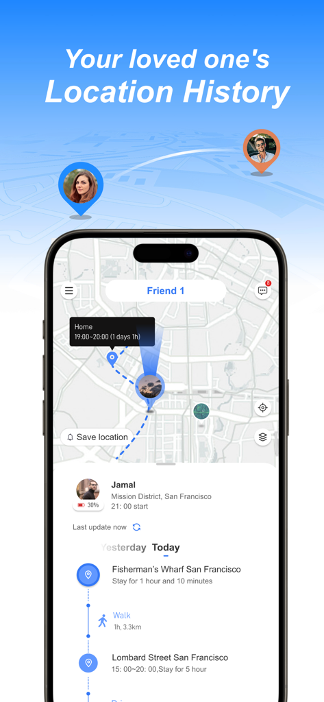가족 구성원의 위치 기록 및 지도 경로를 표시하는 스마트폰 화면