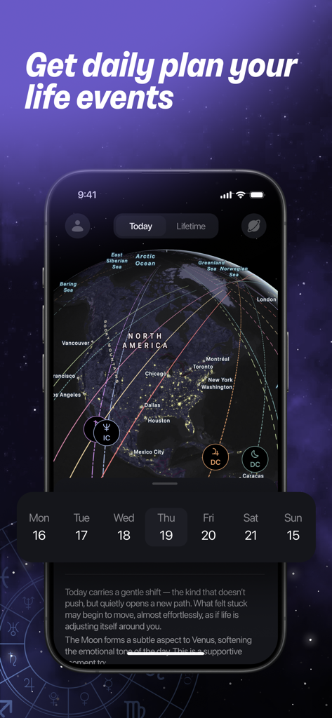 Interface of the Astrocartography AI Pathfinder app showing a planetary map of North America with astrological lines and daily life event planning