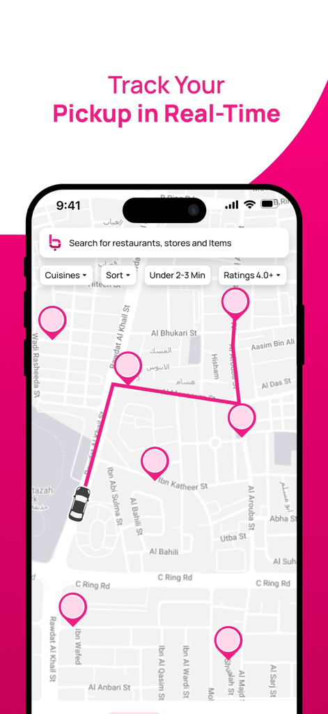 Barez - Interface do aplicativo Barez mostrando rastreamento de retirada em tempo real em um mapa interativo com pinos de localização de restaurantes.