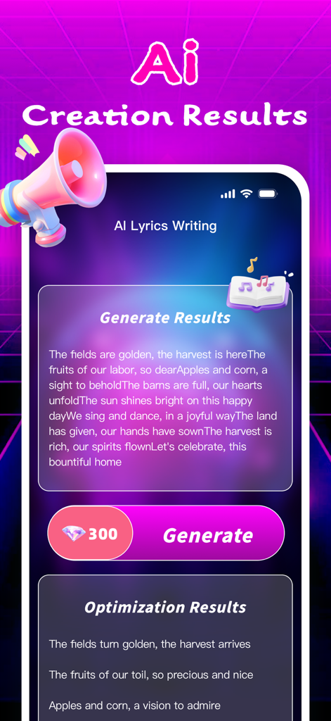 Rifya app interface showing AI generated lyrics for bluegrass songs and optimization options.