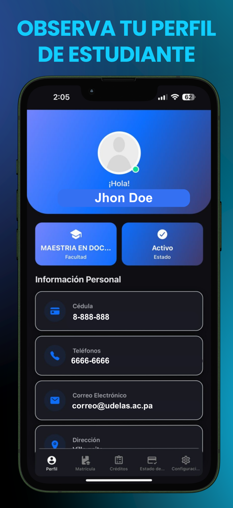 Interfaz de la aplicación móvil del perfil de estudiante Rincon Movil mostrando detalles personales y estado académico