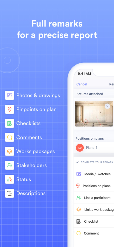 Archireport - Archireport mobile app interface showing site inspection report features like photos, pinpoints on plans, and checklists