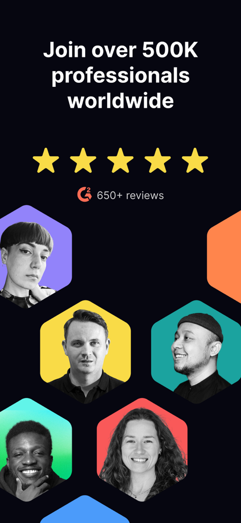 Uxcel: Learn UX design, PM, AI - Interfaccia dell'app Uxcel che mostra una valutazione a cinque stelle e una community di oltre 500.000 professionisti.