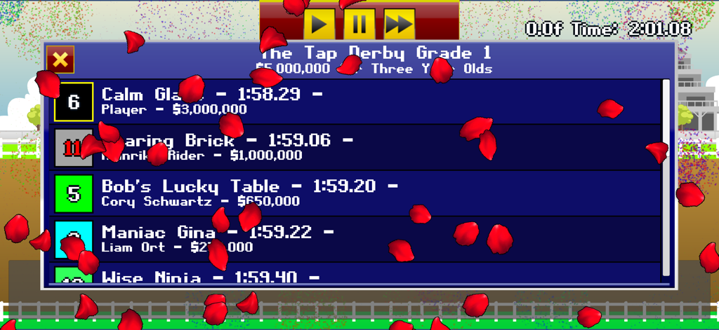 Tap Derby: Horse Racing - Pixel art horse racing results screen showing a first place victory with falling rose petals.