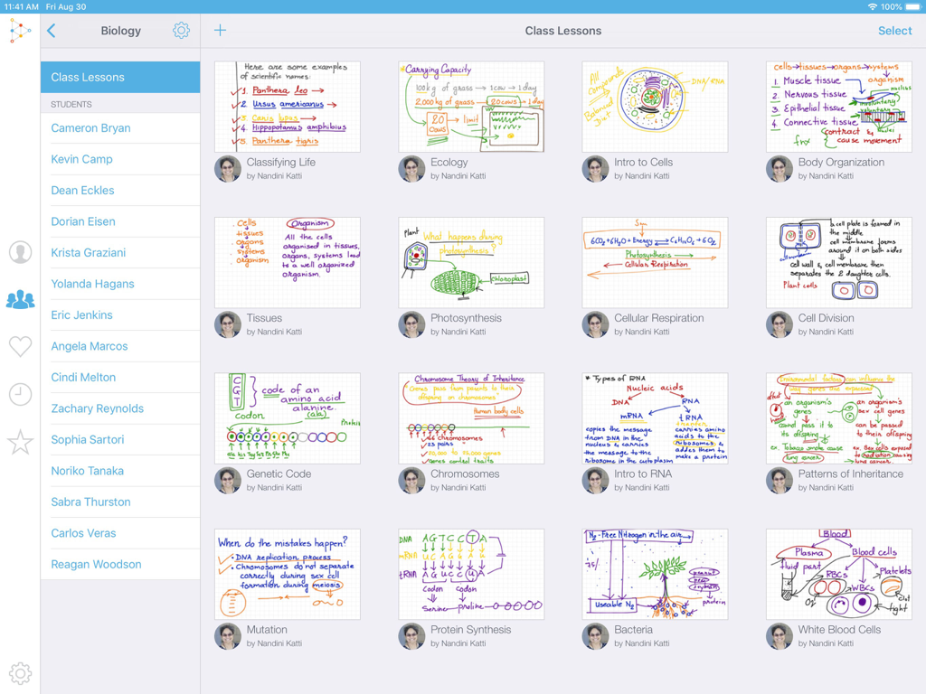 Educreations Whiteboard - A dashboard view of the Educreations Whiteboard app showing a grid of digital biology lessons and a student list.