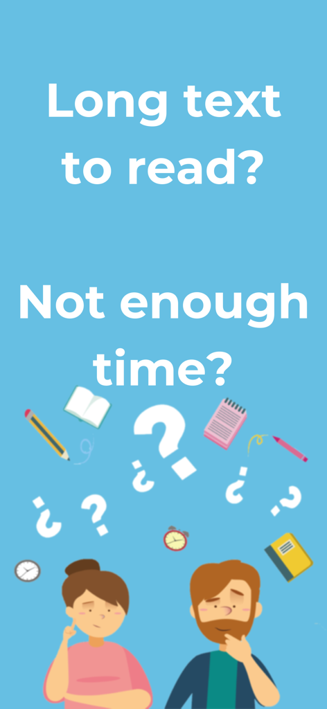 Summary AI: TLDR Summarizer - Two people looking overwhelmed by long texts and a lack of time with icons of books and clocks