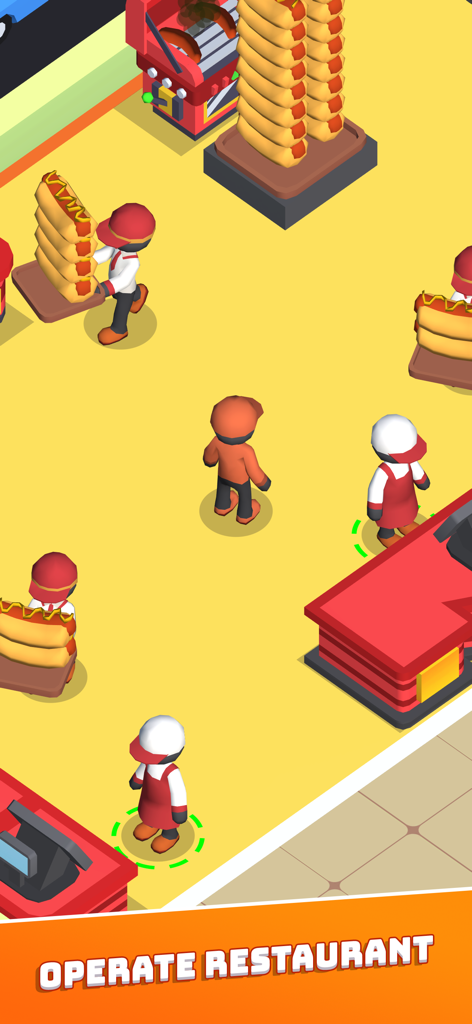 Characters managing a busy hot dog stand and carrying large stacks of food in a tycoon simulation game