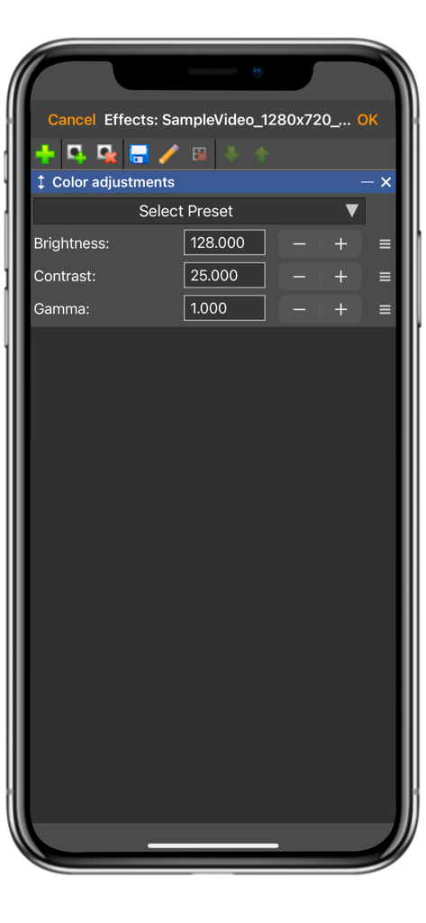 VideoPad mobile app interface showing technical color adjustment controls for brightness, contrast, and gamma