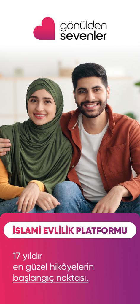 A happy Turkish Muslim couple on the Gonulden Sevenler Islamic marriage platform