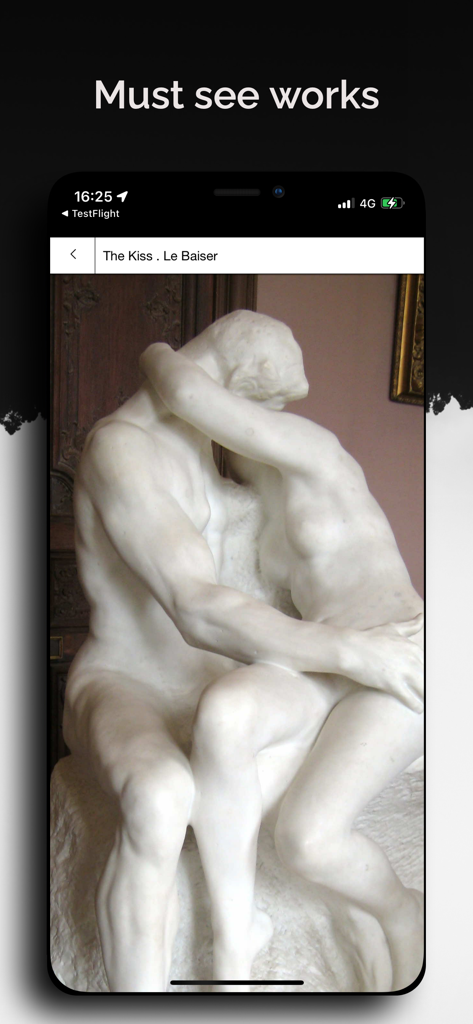 Musee Rodin Audio - Bildschirm der Musée Rodin Audio App mit einer Nahaufnahme der Skulptur 'Der Kuss'