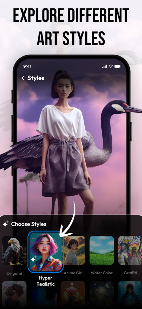 AI Art Generator & Editor - Artly AI app screen showing different art styles for image generation including hyper realistic and anime girl