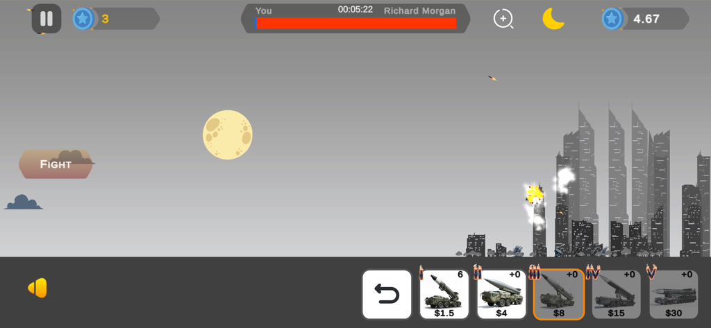 City skyline under missile attack with explosion effects and missile launcher selection menu