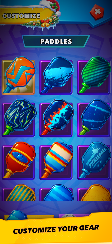 Pickleball Stars - 장비 맞춤 설정을 위한 다채롭고 패턴이 있는 패들 컬렉션을 보여주는 피클볼 스타즈 게임 메뉴