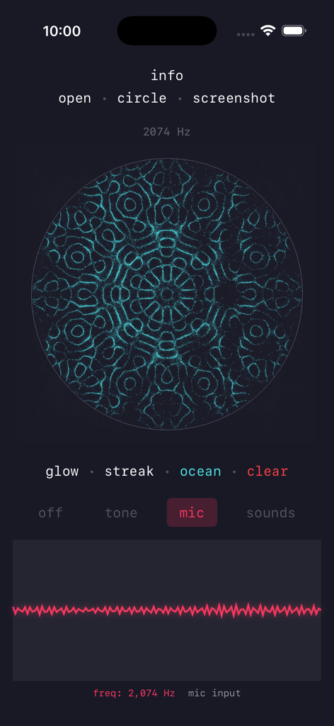 Cymatica: Sounds & Visualizer - A circular cymatic sand pattern glowing in blue at 2074 Hz with a microphone input waveform
